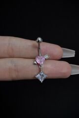 Kadın Gümüş Pembe Kalp ve Ok Figürlü Taşlı Belly Çelik Göbek Piercing