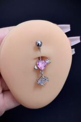 Kadın Gümüş Pembe Kalp ve Ok Figürlü Taşlı Belly Çelik Göbek Piercing