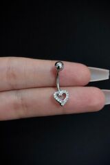 Kadın Gümüş Kalp Zirkon Taşlı Belly Cerrahi Çelik Göbek Piercing