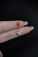 Kadın Gold Büyük Kalp Figürlü Zirkon Taşlı Belly Çelik Göbek Piercing