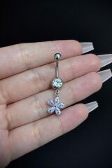 Kadın Cerrahi Çelik Sallantılı Çiçek Figürlü Taşlı Belly Göbek Piercing