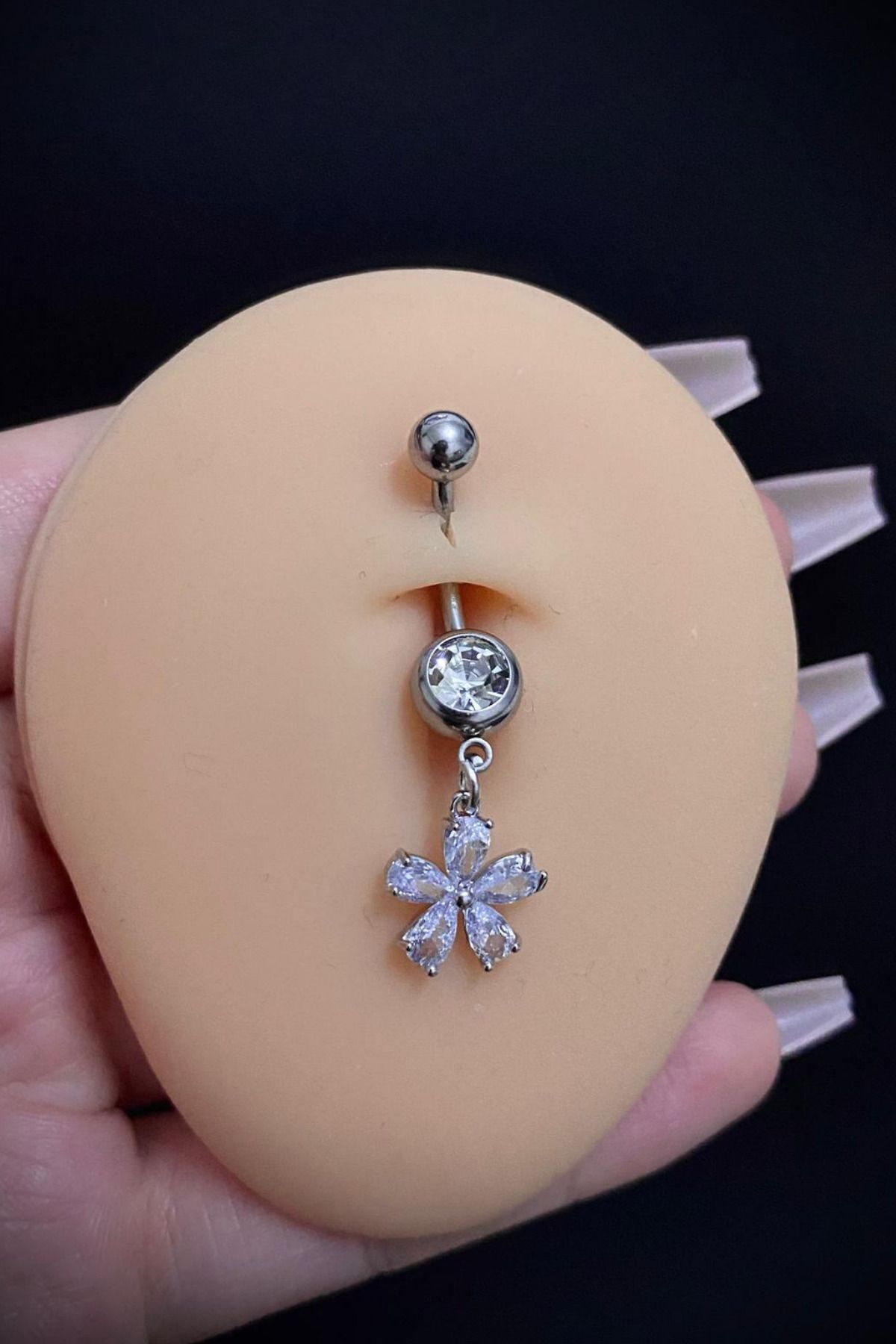 Kadın Cerrahi Çelik Sallantılı Çiçek Figürlü Taşlı Belly Göbek Piercing
