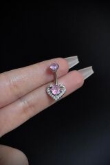 Kadın Cerrahi Çelik Çift Taşlı Pembe Kalp Figürlü Belly Göbek Piercing
