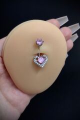 Kadın Cerrahi Çelik Çift Taşlı Pembe Kalp Figürlü Belly Göbek Piercing