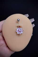 Kadın Cerrahi Çelik Çiçek Figürlü Pembe Taşlı Belly Göbek Piercing