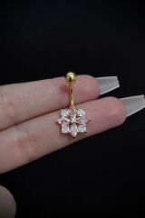 Kadın Gold Cerrahi Çelik Çiçek Figürlü Pembe Taşlı Belly Göbek Piercing