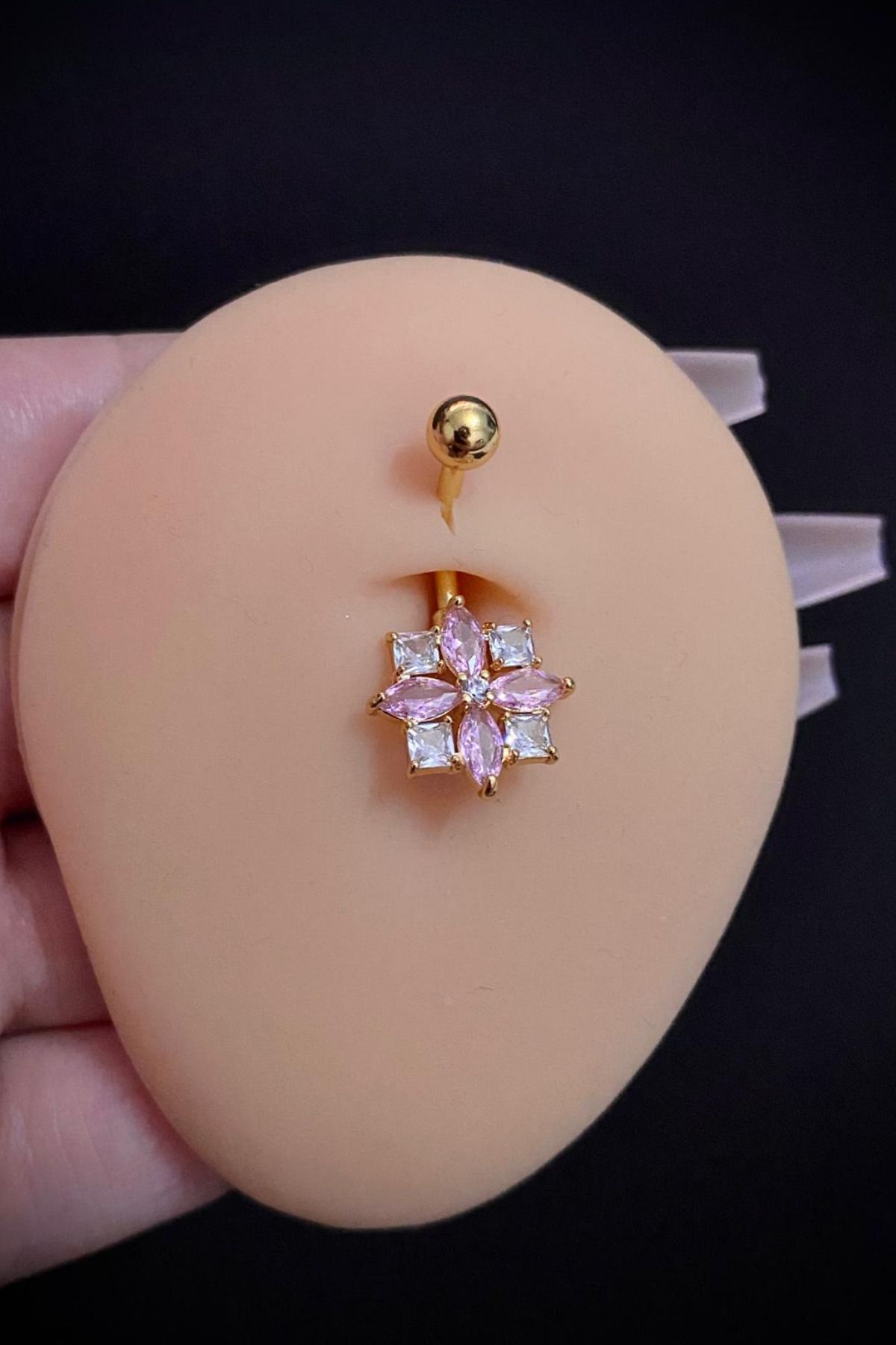 Kadın Gold Cerrahi Çelik Çiçek Figürlü Pembe Taşlı Belly Göbek Piercing
