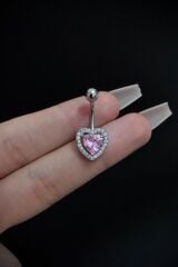 Kadın Cerrahi Çelik Pembe Kalp Figürlü Taşlı Belly Göbek Piercing