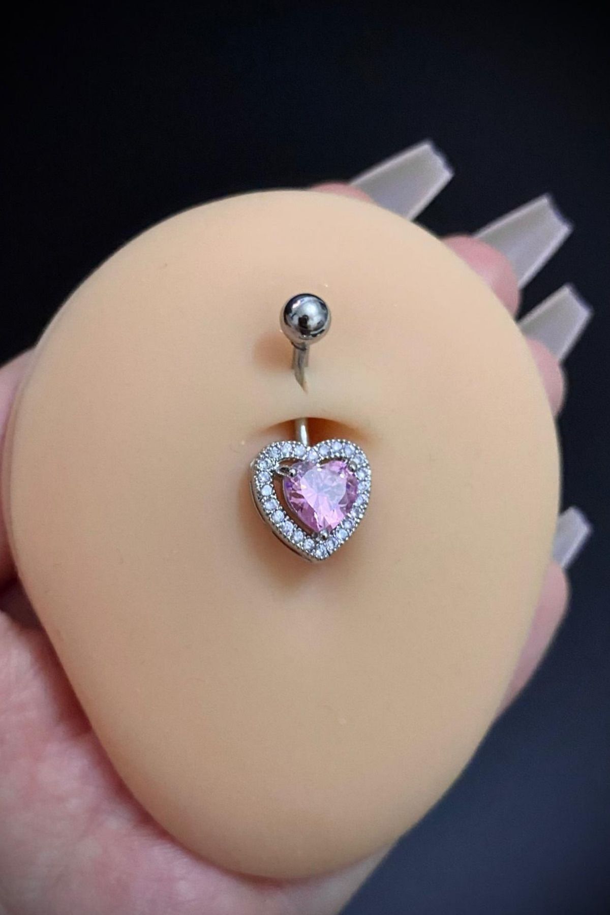 Kadın Cerrahi Çelik Pembe Kalp Figürlü Taşlı Belly Göbek Piercing