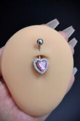 Kadın Cerrahi Çelik Pembe Kalp Figürlü Taşlı Belly Göbek Piercing