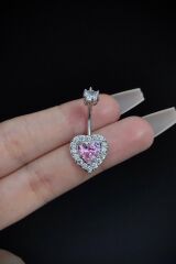 Kadın Cerrahi Çelik Pembe Kalp Figürlü Zirkon Taşlı Belly Göbek Piercing