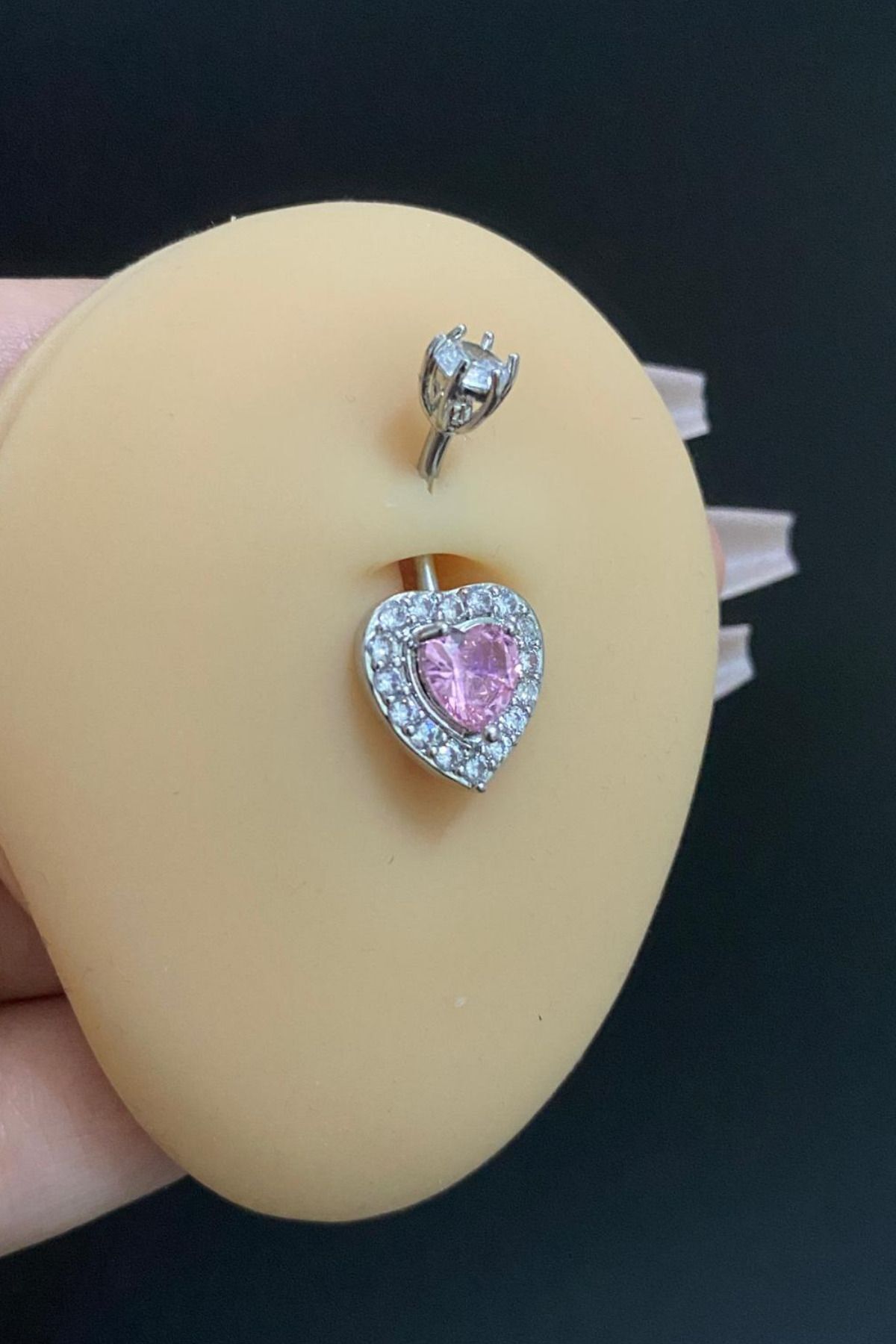 Kadın Cerrahi Çelik Pembe Kalp Figürlü Zirkon Taşlı Belly Göbek Piercing