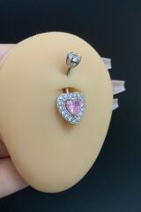 Kadın Cerrahi Çelik Pembe Kalp Figürlü Zirkon Taşlı Belly Göbek Piercing