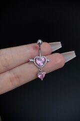 Kadın Cerrahi Çelik Ok Kalp Figürlü Pembe Taşlı Sallantılı Belly Göbek Piercing
