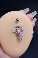 Kadın Cerrahi Çelik Ok Kalp Figürlü Pembe Taşlı Sallantılı Belly Göbek Piercing