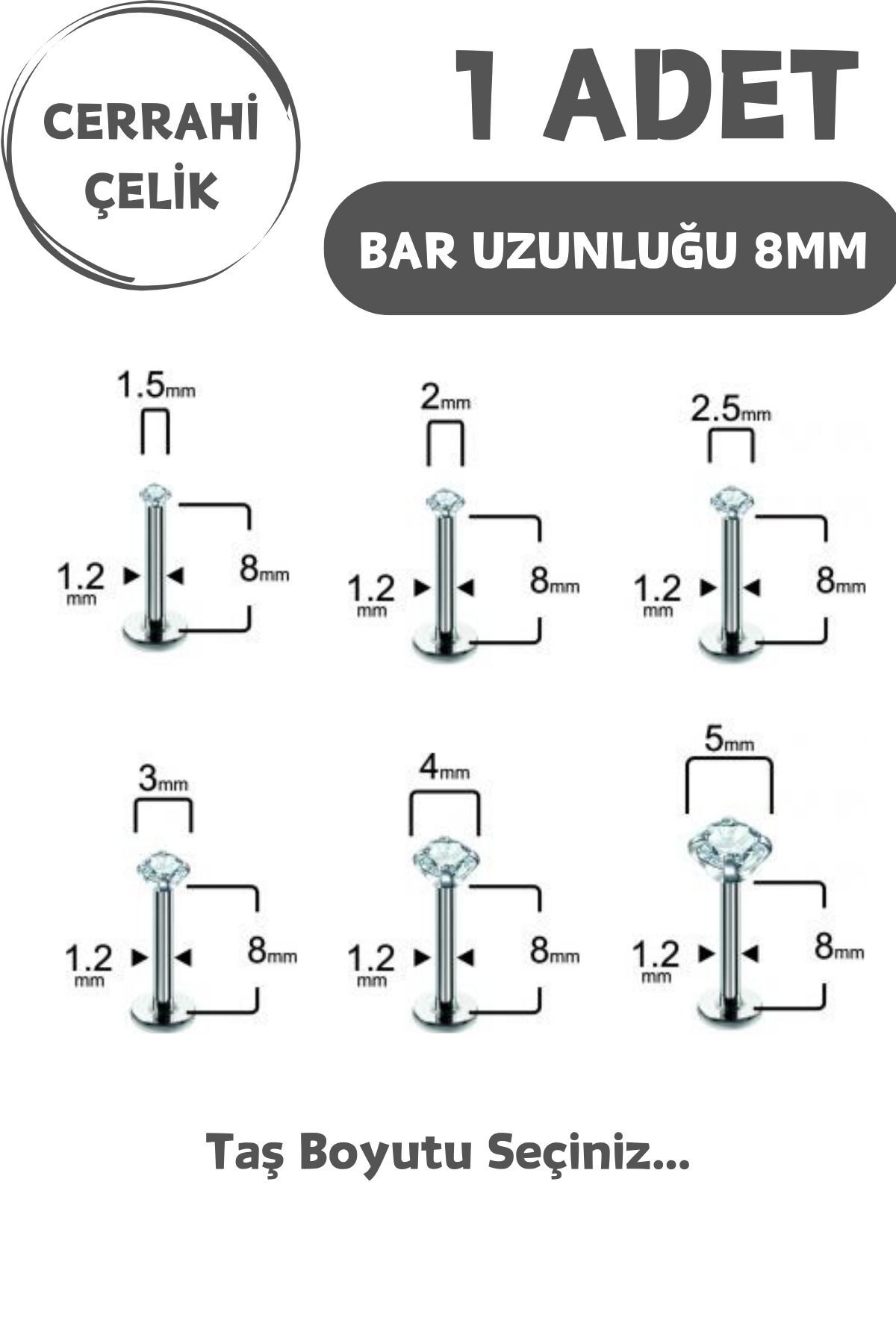 Cerrahi Çelik 8mm Zirkon Taş Tragus Helix Kulak Kıkırdak Flat Conch Dudak Burun Snake Bites Piercing