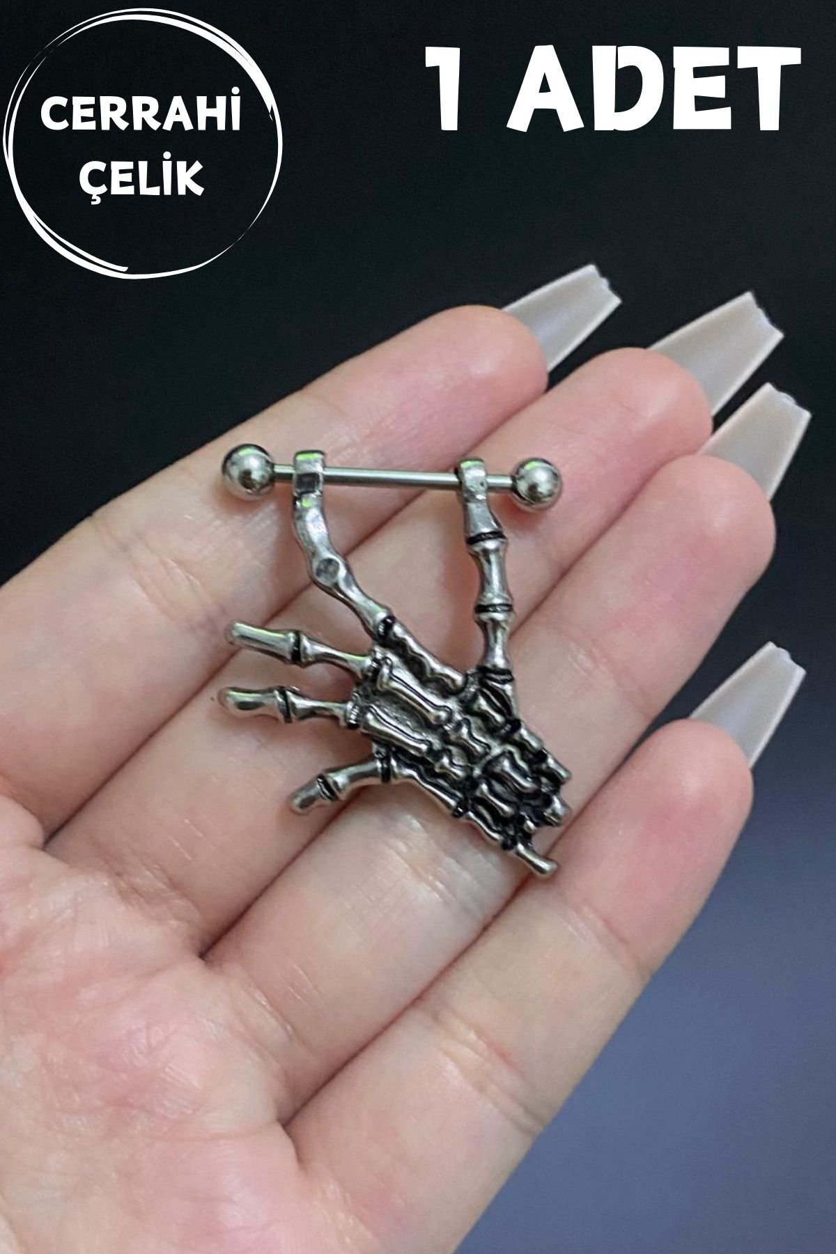 Kadın Gri İskelet El Figürlü Meme Ucu Nipple Piercing