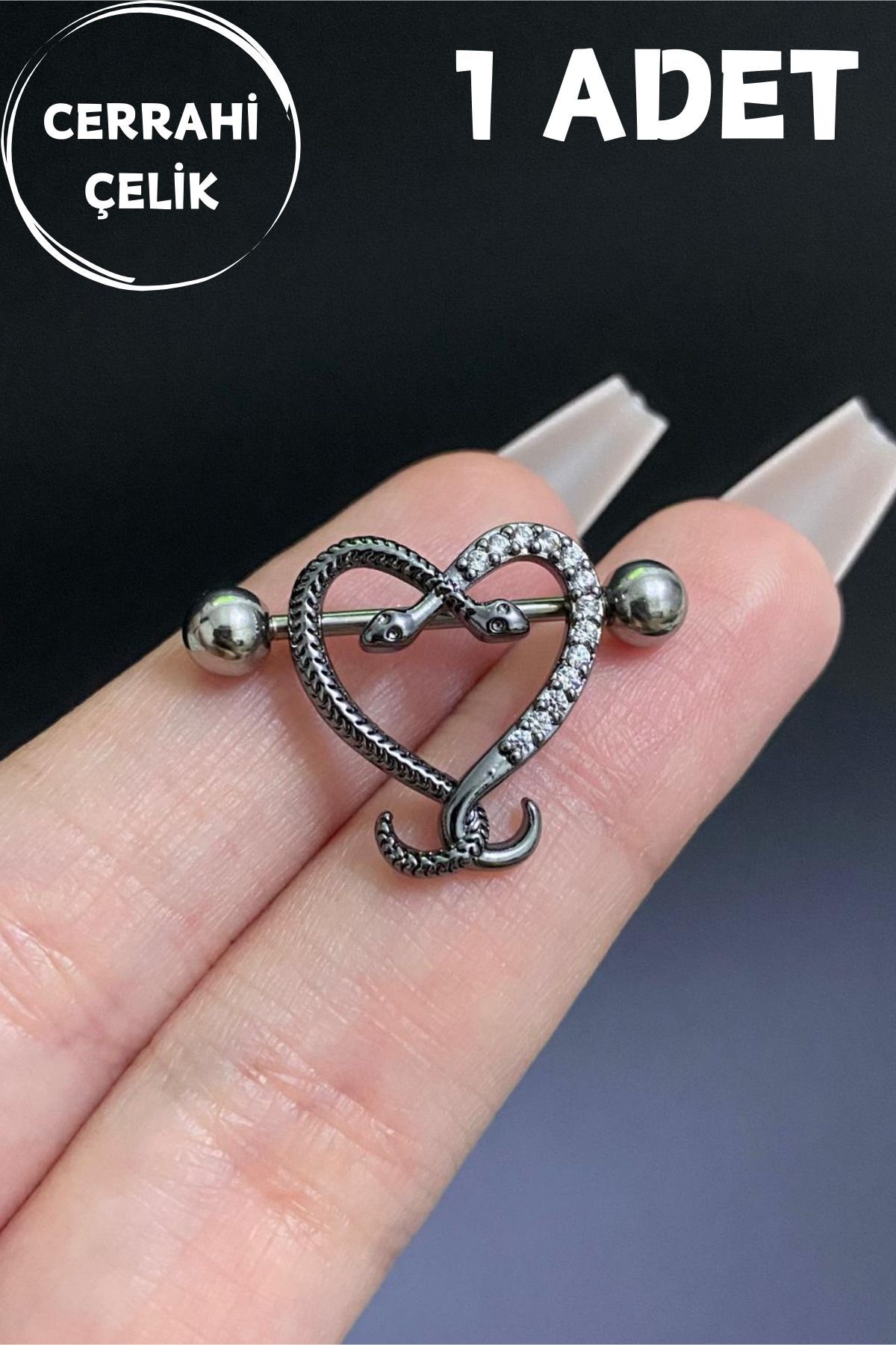 Kadın Zirkon Taşlı Çift Başlı Yılan Figürlü Meme Ucu Nipple Piercing