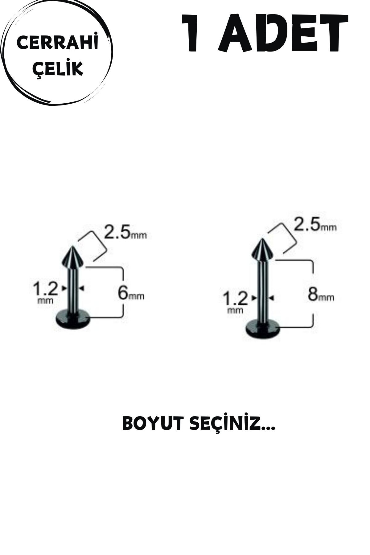 Unisex Siyah 2.5mm Spike Uçlu Tragus Helix Labret Piercing