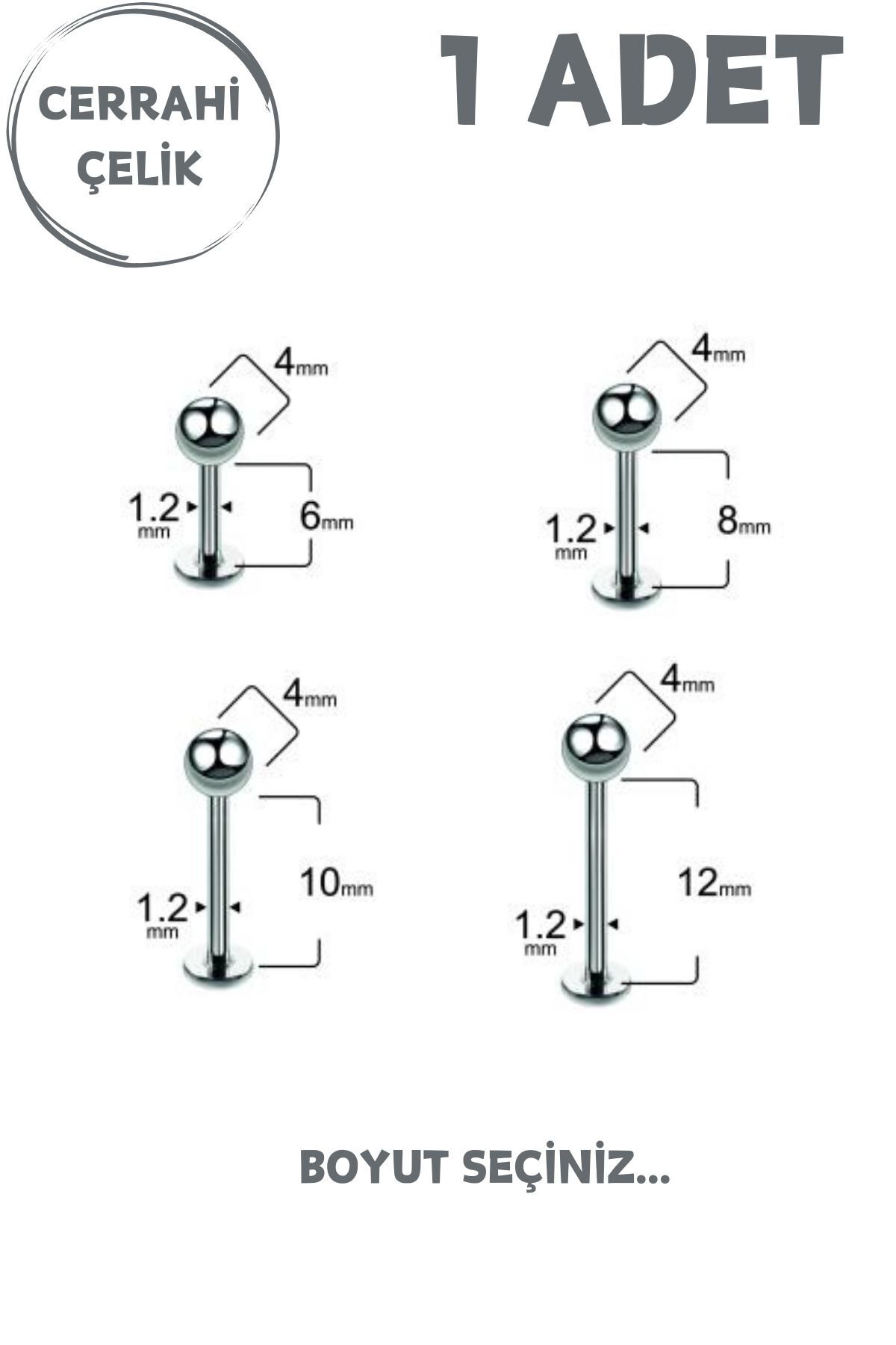 Unisex Cerrahi Çelik 4mm Toplu Labret Tragus Helix Piercing